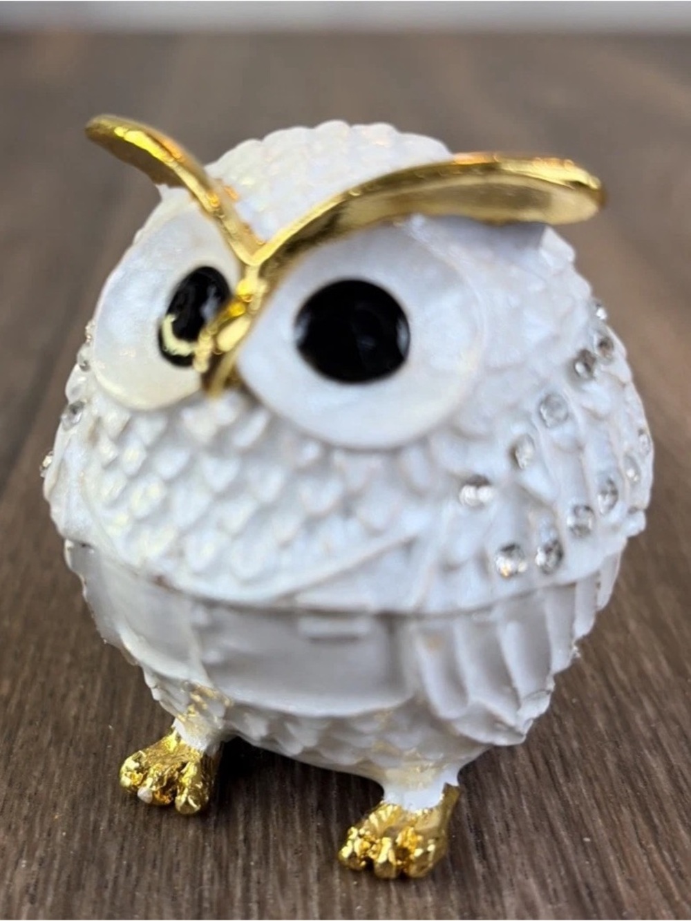 Enamel & Rhinestone Hinged White & Gold Owl Jewelry Pill Trinket Box Magnetic